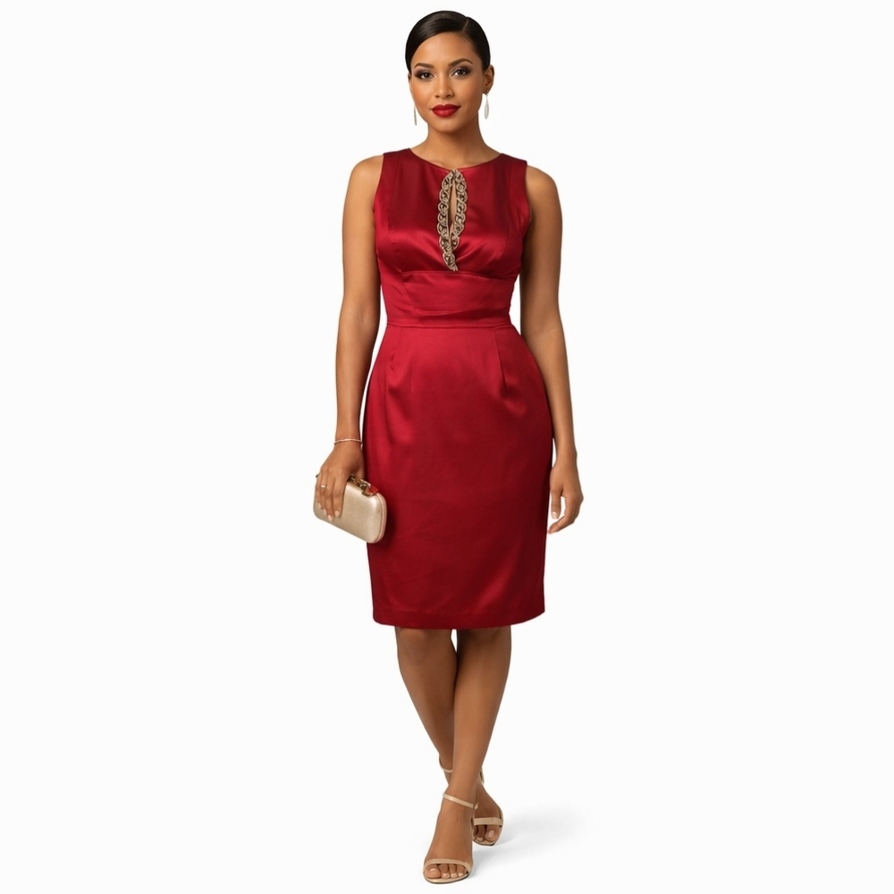 Kay Unger New York Red Silk Embellished Sheath Dress Size 8 NWOT
